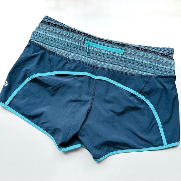 LULULEMON Navy Blue Aqua Contrast Mini Short Shorts Zip Workout Active Gym Run 6 - Picture 5 of 16